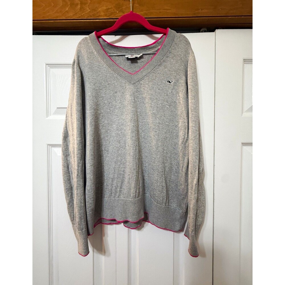 Vineyard Vines Women’s Gray V-Neck 100% Cotton Knit Pullover Whale Logo Sz L